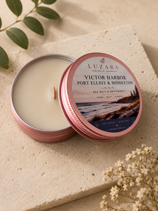 Victor Harbor, Pt Elliot & Middleton Sea Salt & Driftwood Soy Candle 60ml Luzara – Clearance (Old Batch) Luzara Candle