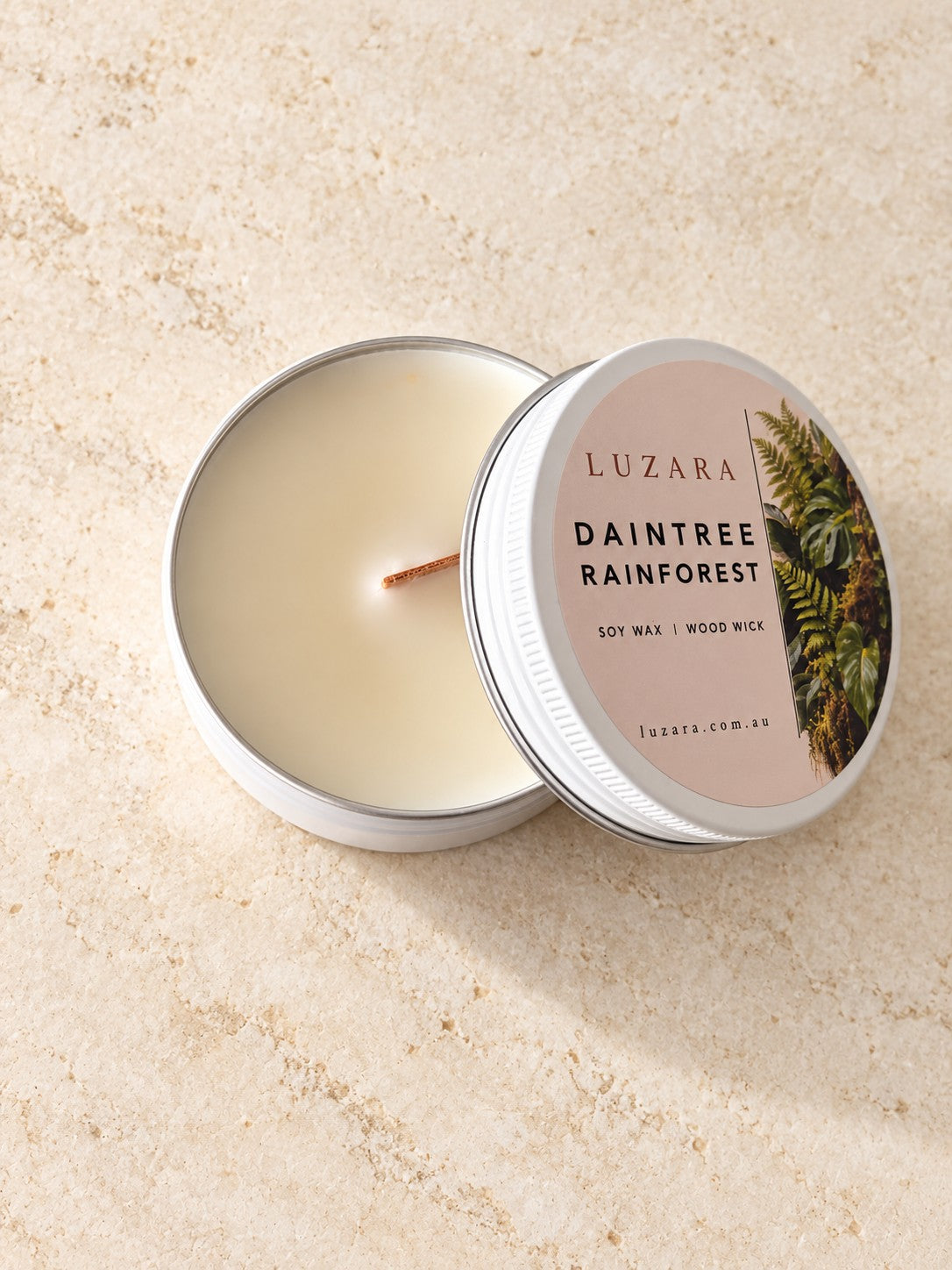 Daintree Rainforest 60g travel tin soy candle, lid open