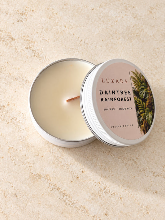 Daintree Rainforest 60g travel tin soy candle, lid open