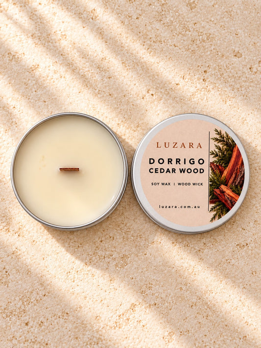 Dorrigo Cedar Wood 60g travel tin soy candle, lid open