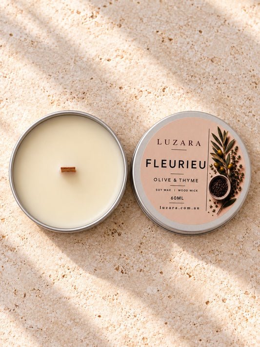 Fleurieu Olive & Thyme 60g travel tin soy candle, lid open