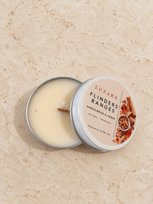 Flinders Ranges Sandalwood & Amber 60g travel tin soy candle, lid open