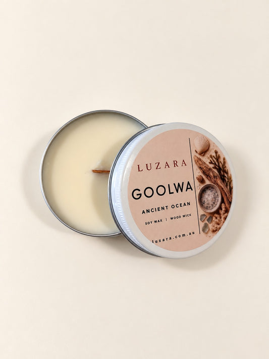 Goolwa Ancient Ocean 60g travel tin soy candle, lid open