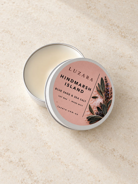Hindmarsh Island Blue Sage & Sea Salt 60g travel tin soy candle, lid open