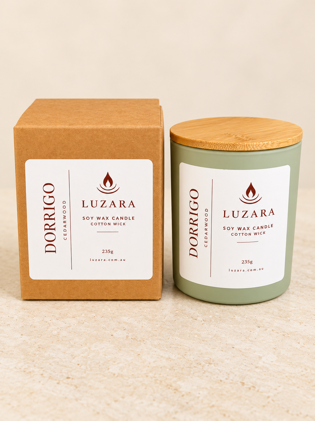 Dorrigo Cedar Wood 235g soy candle with its Luzara kraft box