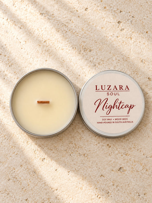 Nightcap 60g travel tin soy candle, lid open