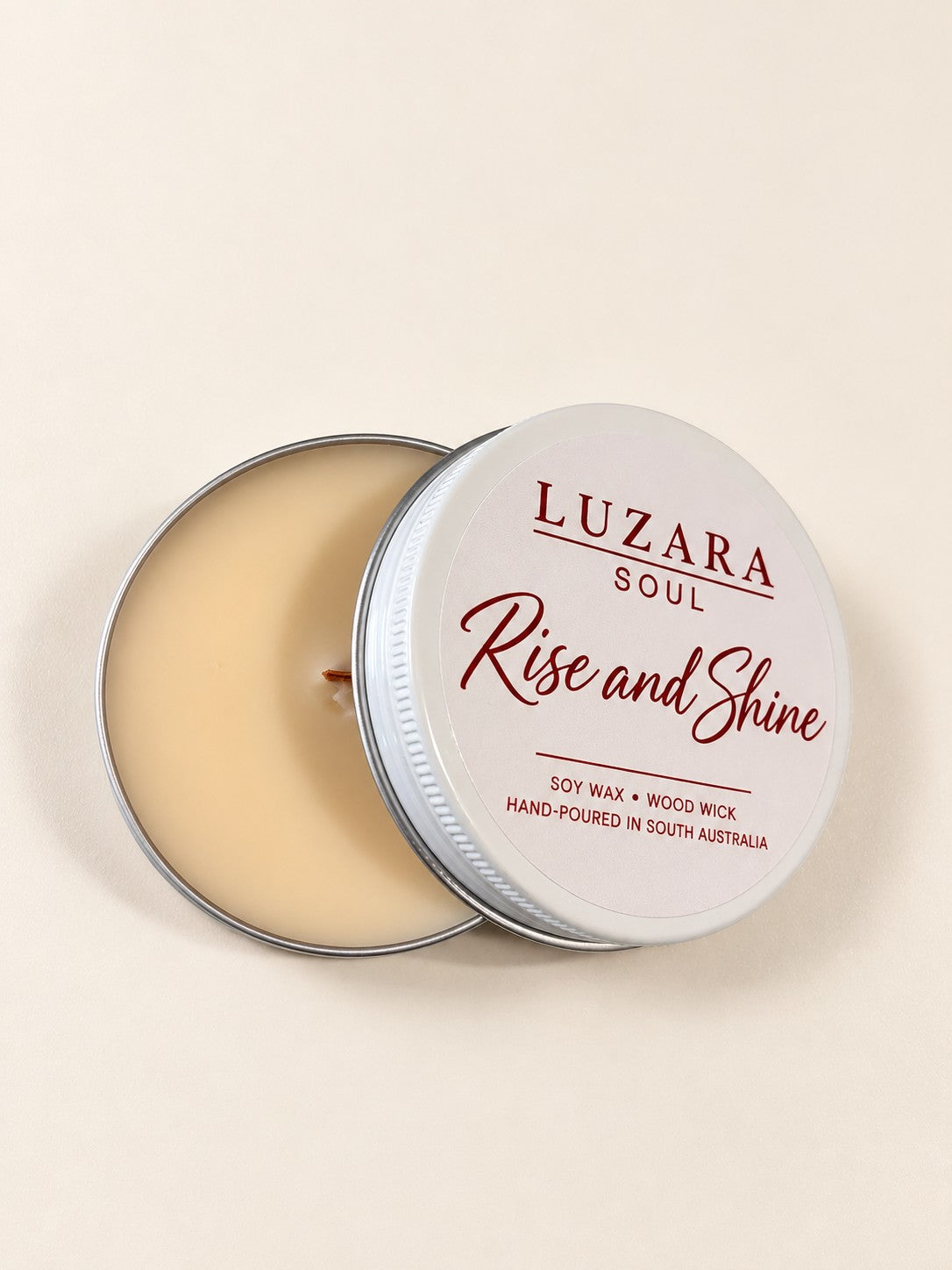 Rise and Shine 60g travel tin soy candle, lid open