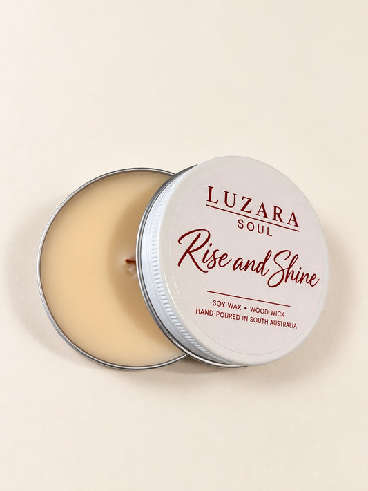 Rise and Shine 60g travel tin soy candle, lid open
