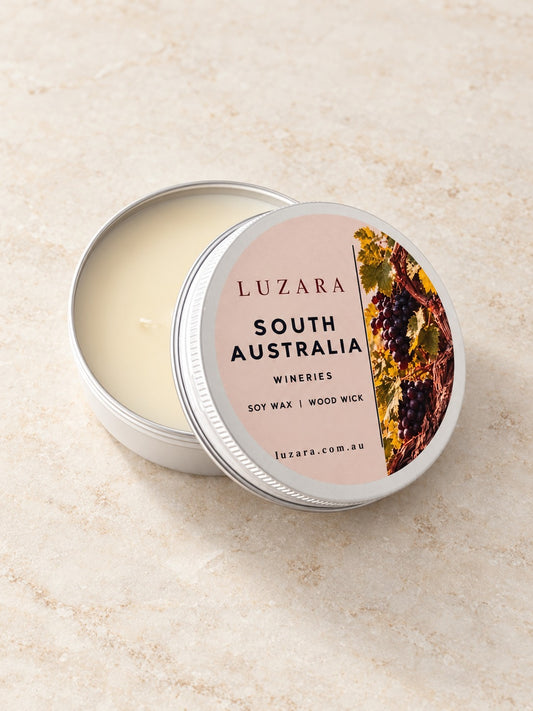 South Australia Wineries 60g travel tin soy candle, lid open