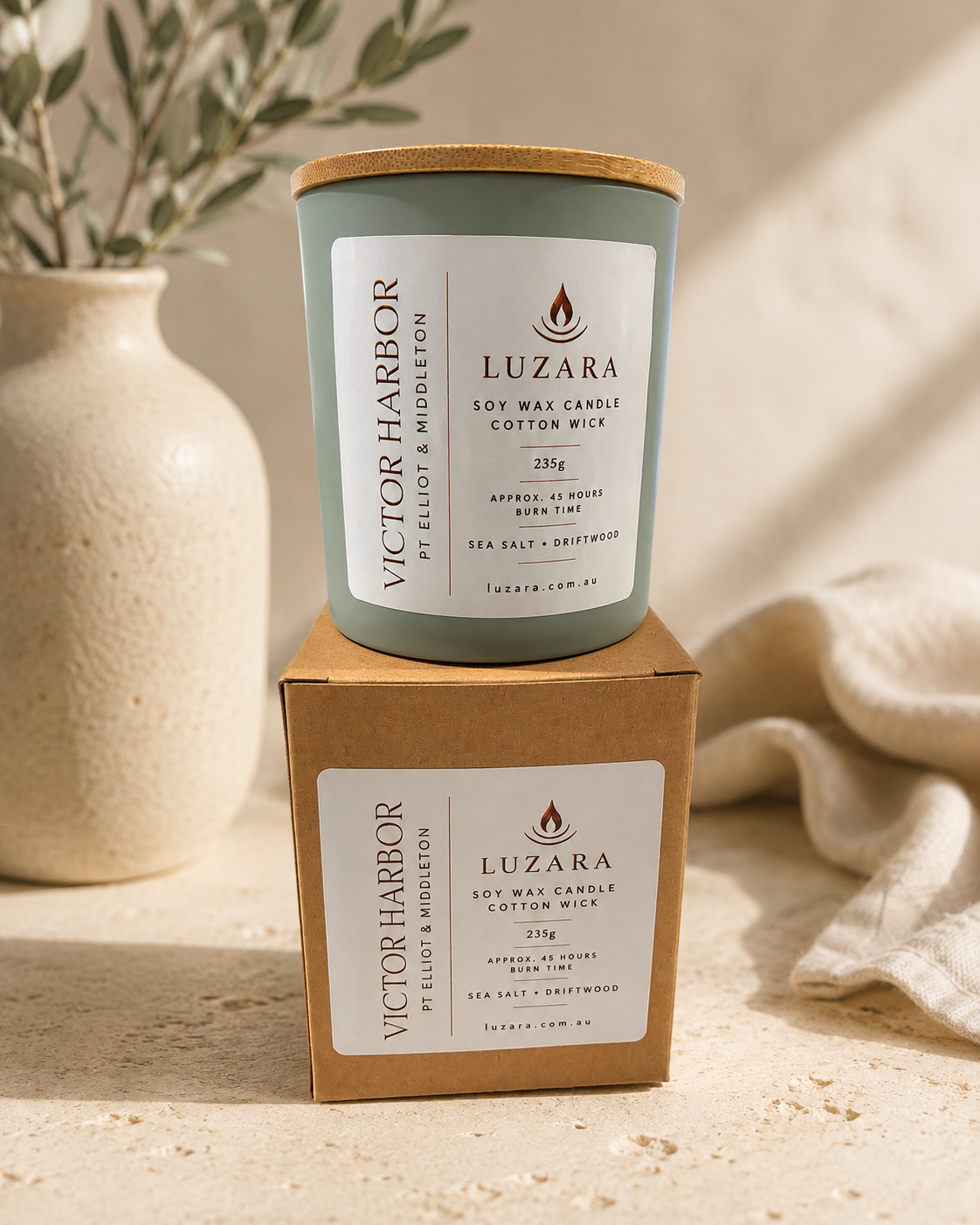 Victor Harbor, Pt Elliot & Middleton Sea Salt & Driftwood Candle 235g Luzara Candle
