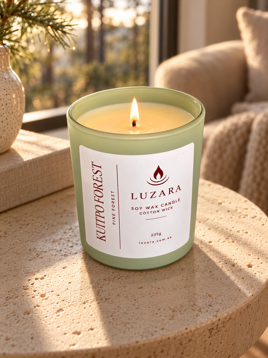 Kuitpo Forest pine and cedarwood soy candle 235g in a sage-green vessel by Luzara
