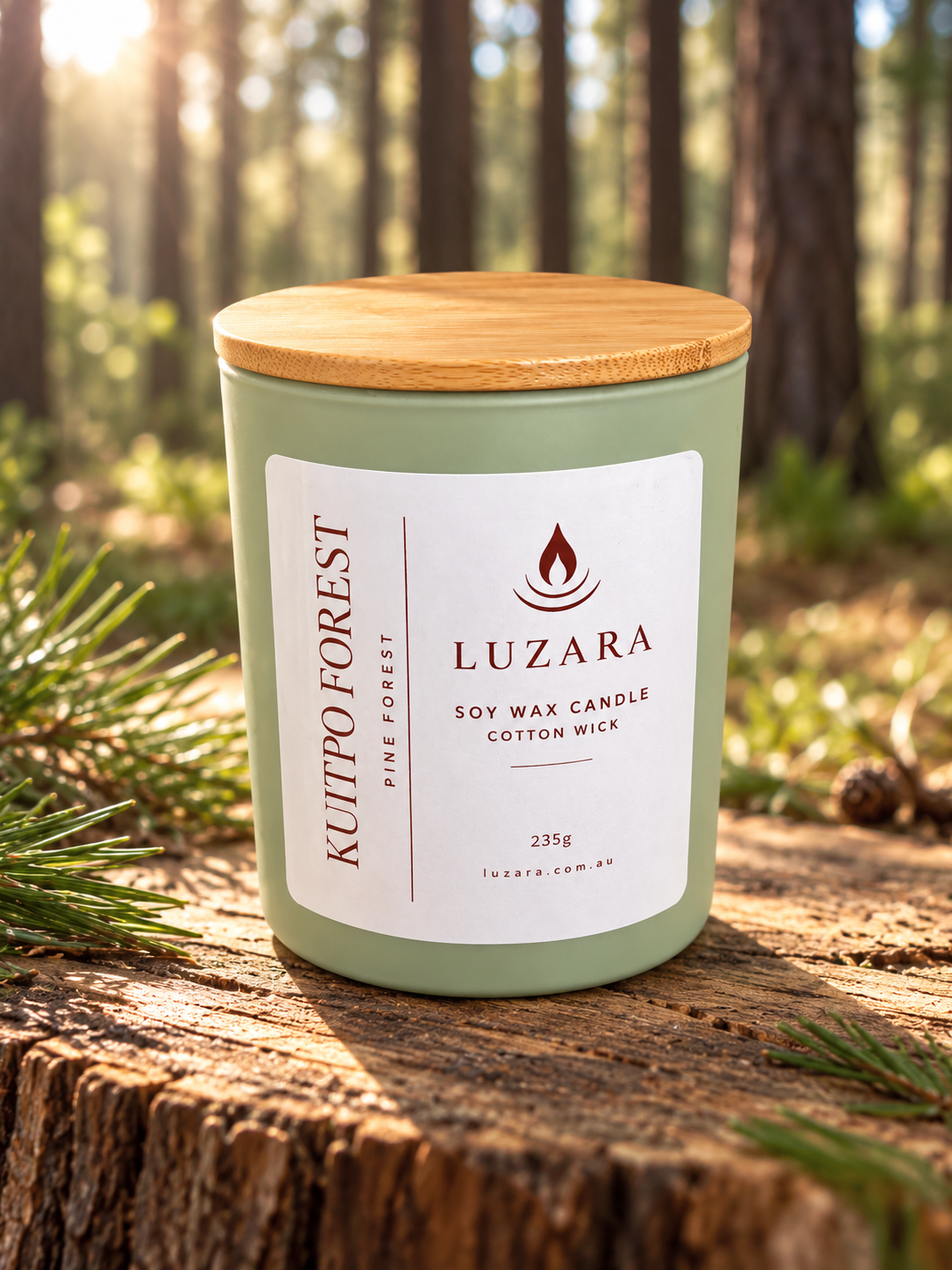 Kuitpo Forest woody soy candle by Luzara, hand-poured in South Australia