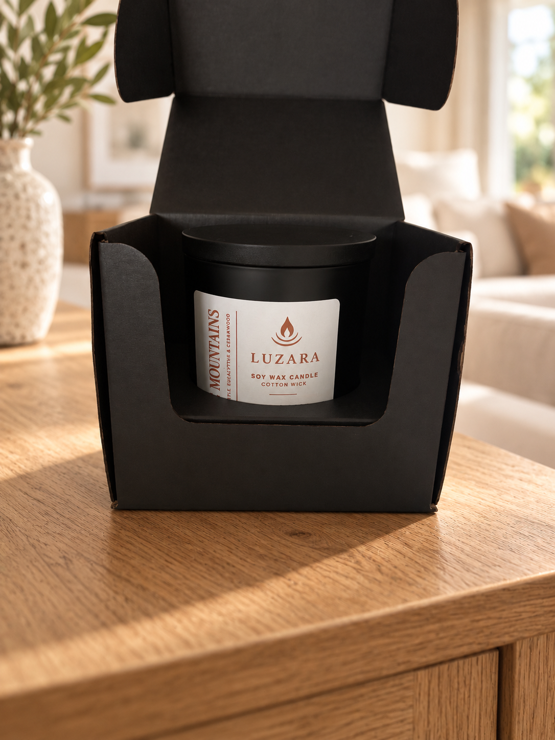 Blue Mountains After Dark special edition soy candle in a matte black vessel by Luzara