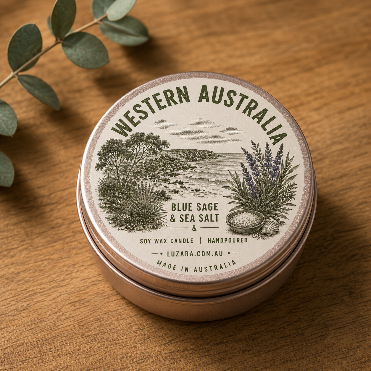 Western Australia Blue Sage & Sea Salt Soy Wax Candle - Hand Poured Travel Tin Luzara