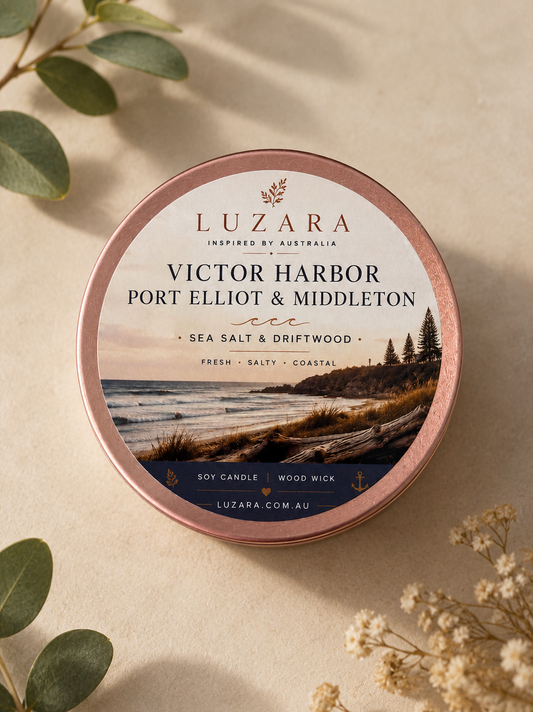 Victor Harbor, Pt Elliot & Middleton Sea Salt & Driftwood Soy Candle 60ml Luzara – Clearance (Old Batch) Luzara Candle