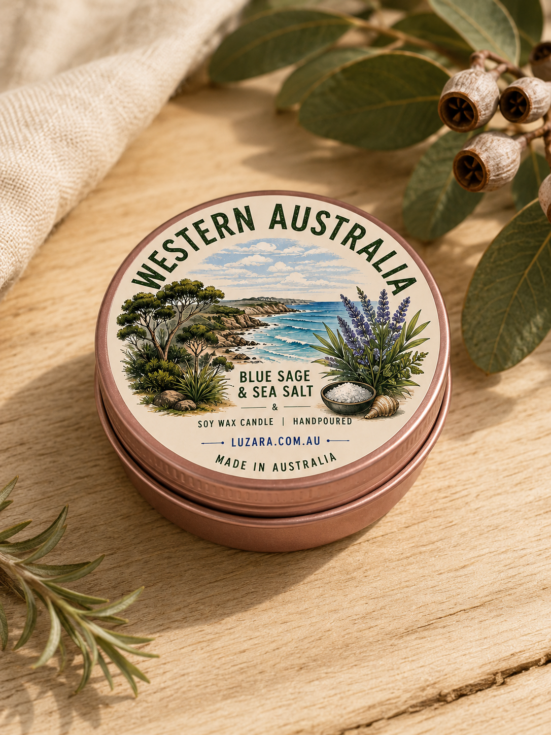 Western Australia Blue Sage & Sea Salt Soy Candle 60ml Luzara – Clearance (Old Batch) Luzara Candle