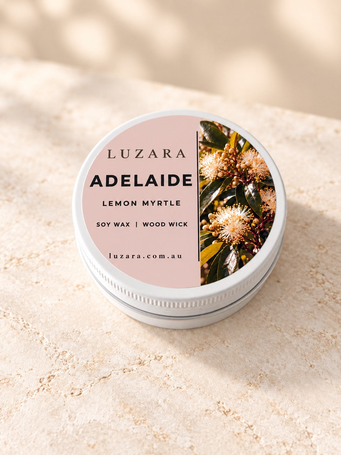 Adelaide Lemon Myrtle 60g travel tin soy candle by Luzara