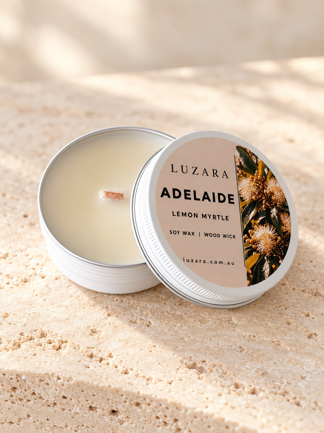 Adelaide Lemon Myrtle 60g travel tin soy candle, lid open