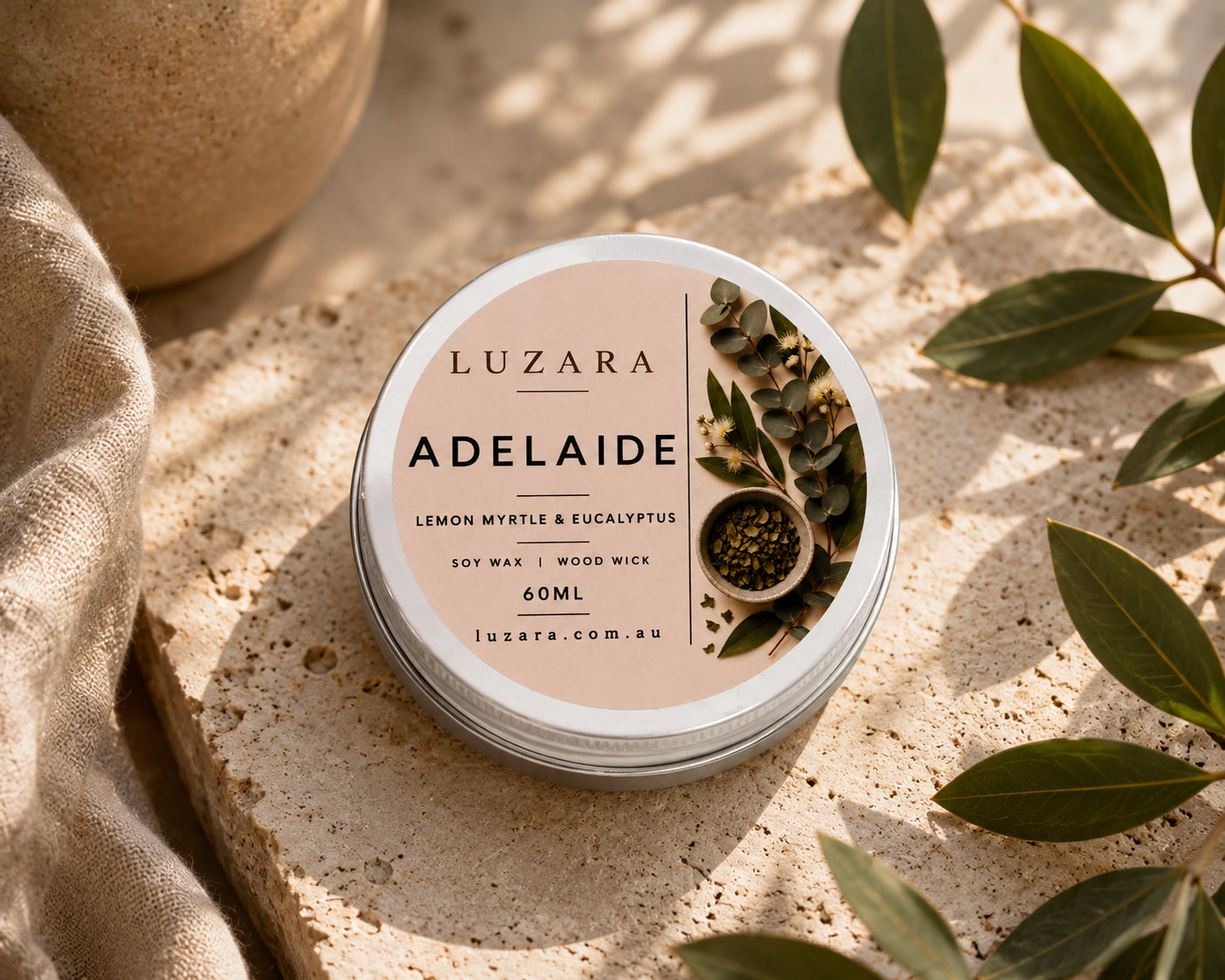Adelaide Lemon Myrtle & Eucalyptus Soy Candle 60ml Luzara Candle