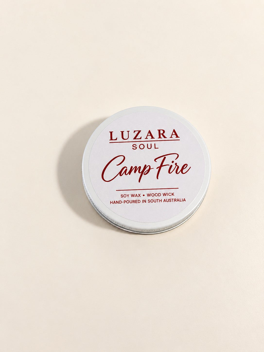 Camp Fire 60g travel tin soy candle from the Luzara Soul Collection