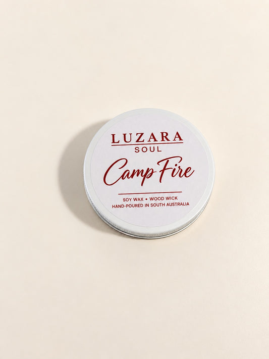 Camp Fire 60g travel tin soy candle from the Luzara Soul Collection