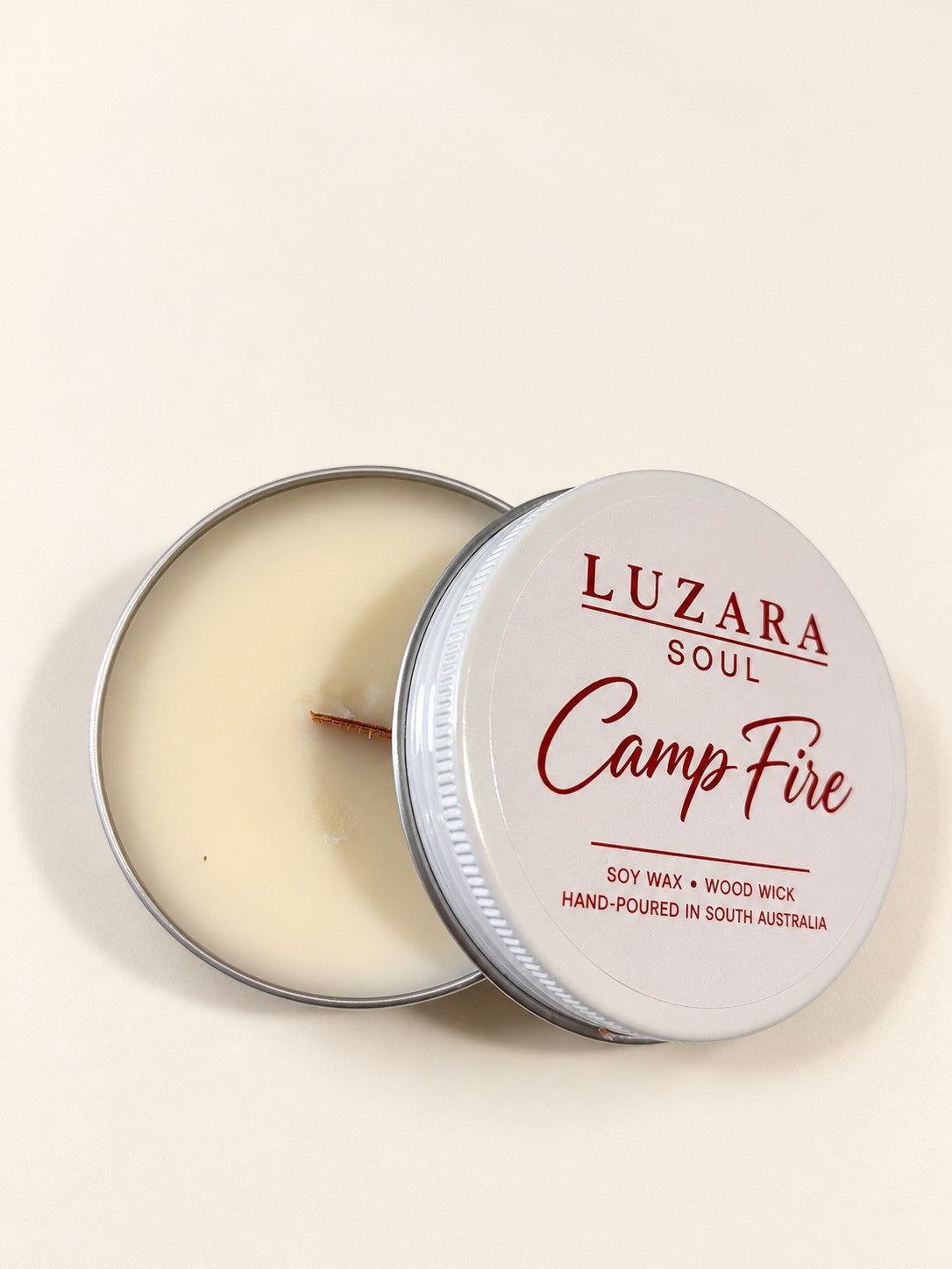 Camp Fire 60g travel tin soy candle, lid open