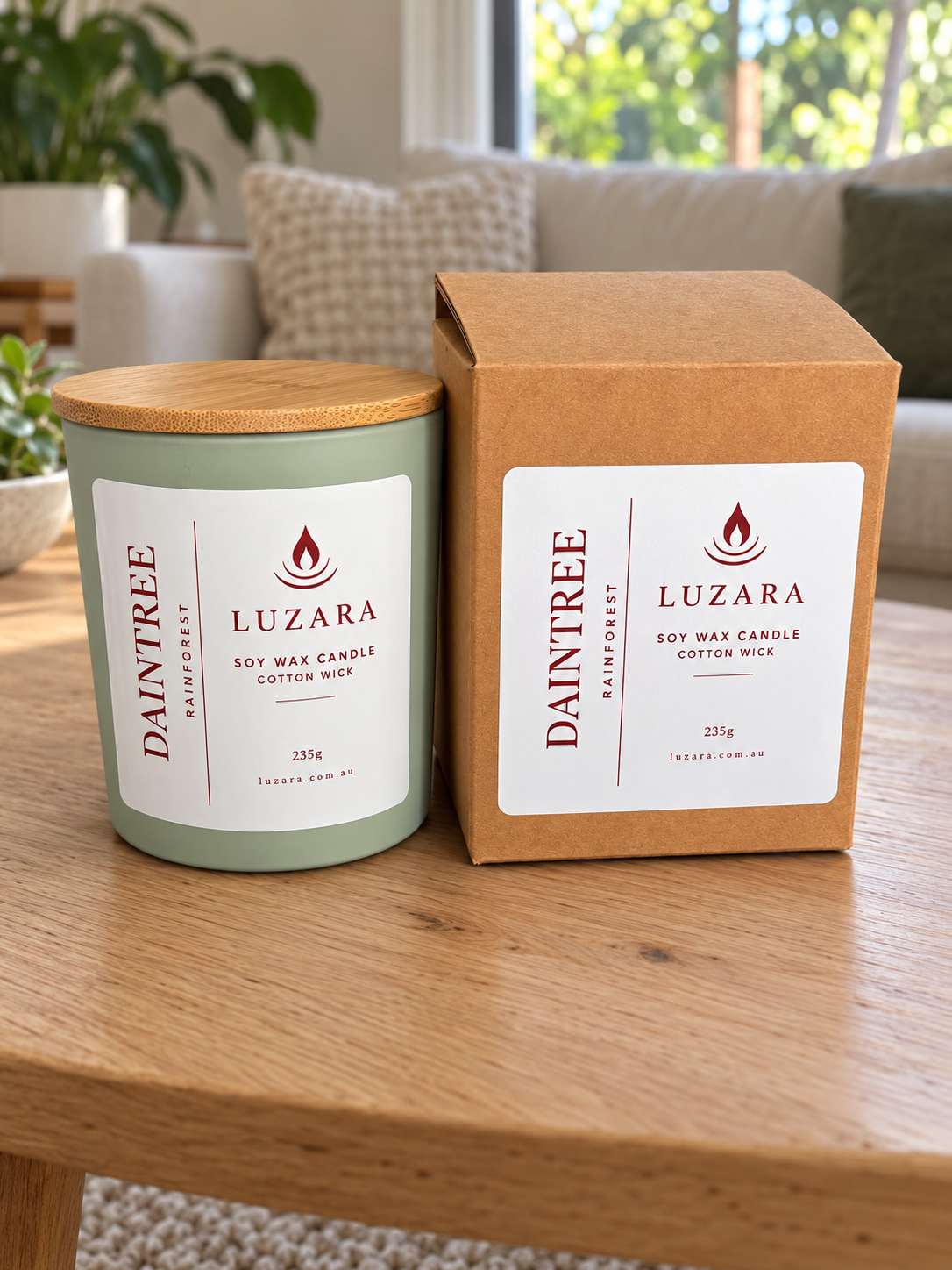 Daintree soy candle by Luzara with its matching kraft gift box