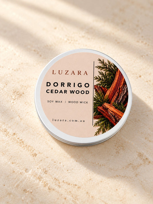 Dorrigo Cedar Wood 60g travel tin soy candle by Luzara