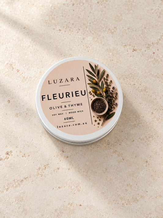 Fleurieu Olive & Thyme 60g travel tin soy candle by Luzara