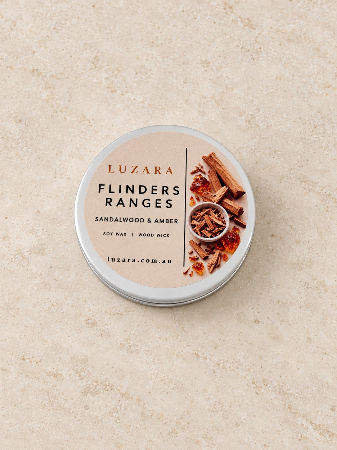 Flinders Ranges Sandalwood & Amber 60g travel tin soy candle by Luzara