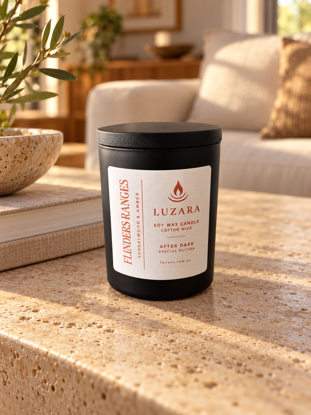 Flinders Ranges After Dark special edition soy candle in a matte black vessel with lid