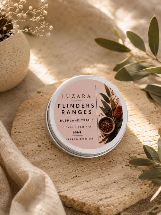 Flinders Range Bushland Trails soy candle 60ml by Luzara, closed tin