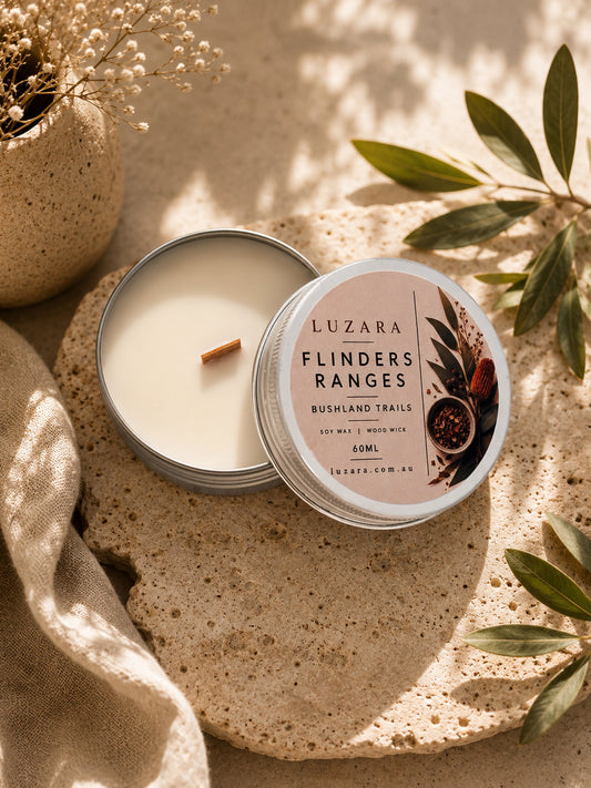 Flinders Range Bushland Trails soy candle 60ml by Luzara, open tin