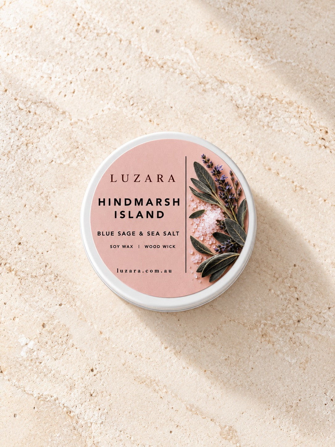 Hindmarsh Island Blue Sage & Sea Salt 60g travel tin soy candle by Luzara