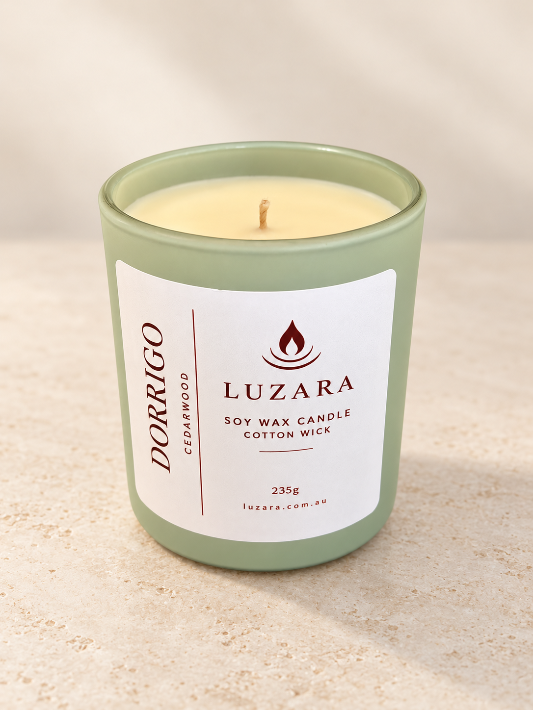Dorrigo Cedar Wood 235g soy candle, lid off, cotton wick