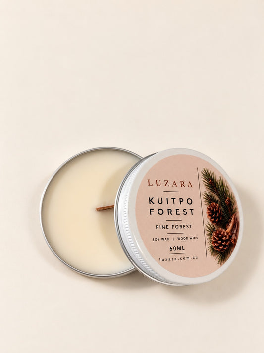 Kuitpo Forest 60g travel tin soy candle, lid open