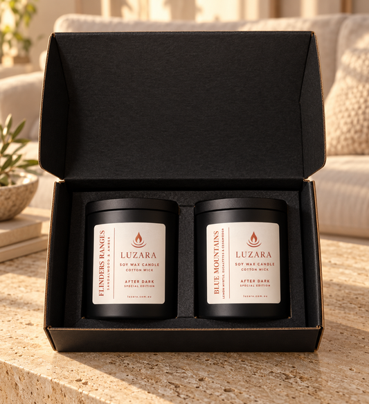 The After Dark Pair packed in its black gift box: Flinders Ranges and Blue Mountains candles side by side