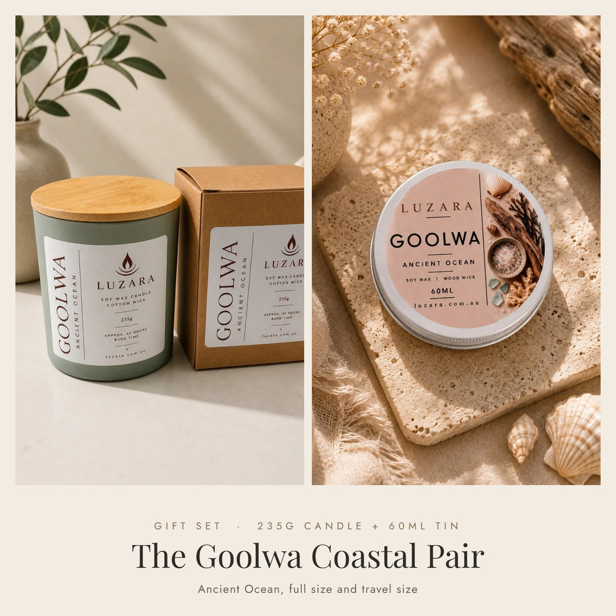 The Goolwa Coastal Pair gift set: Ancient Ocean 235g candle and 60ml travel tin by Luzara