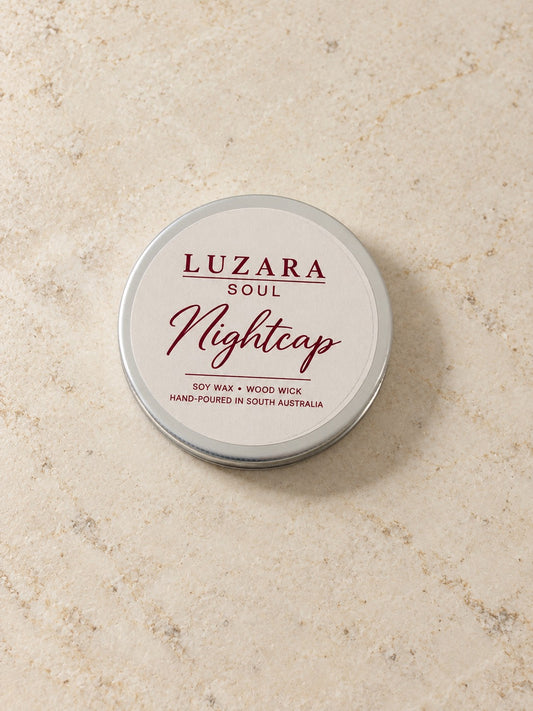Nightcap 60g travel tin soy candle from the Luzara Soul Collection