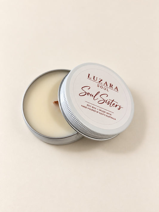Soul Sisters 60g travel tin soy candle, lid open