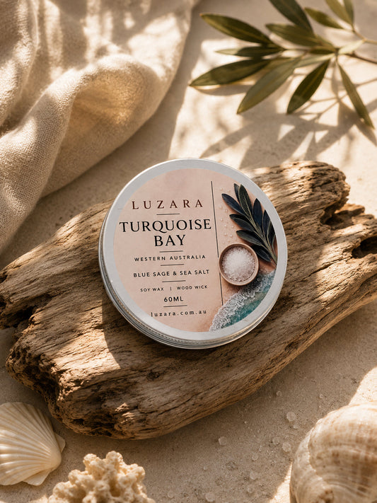Turquoise Bay WA Blue Sage & Sea Salt Soy Candle 60ml Luzara Candle