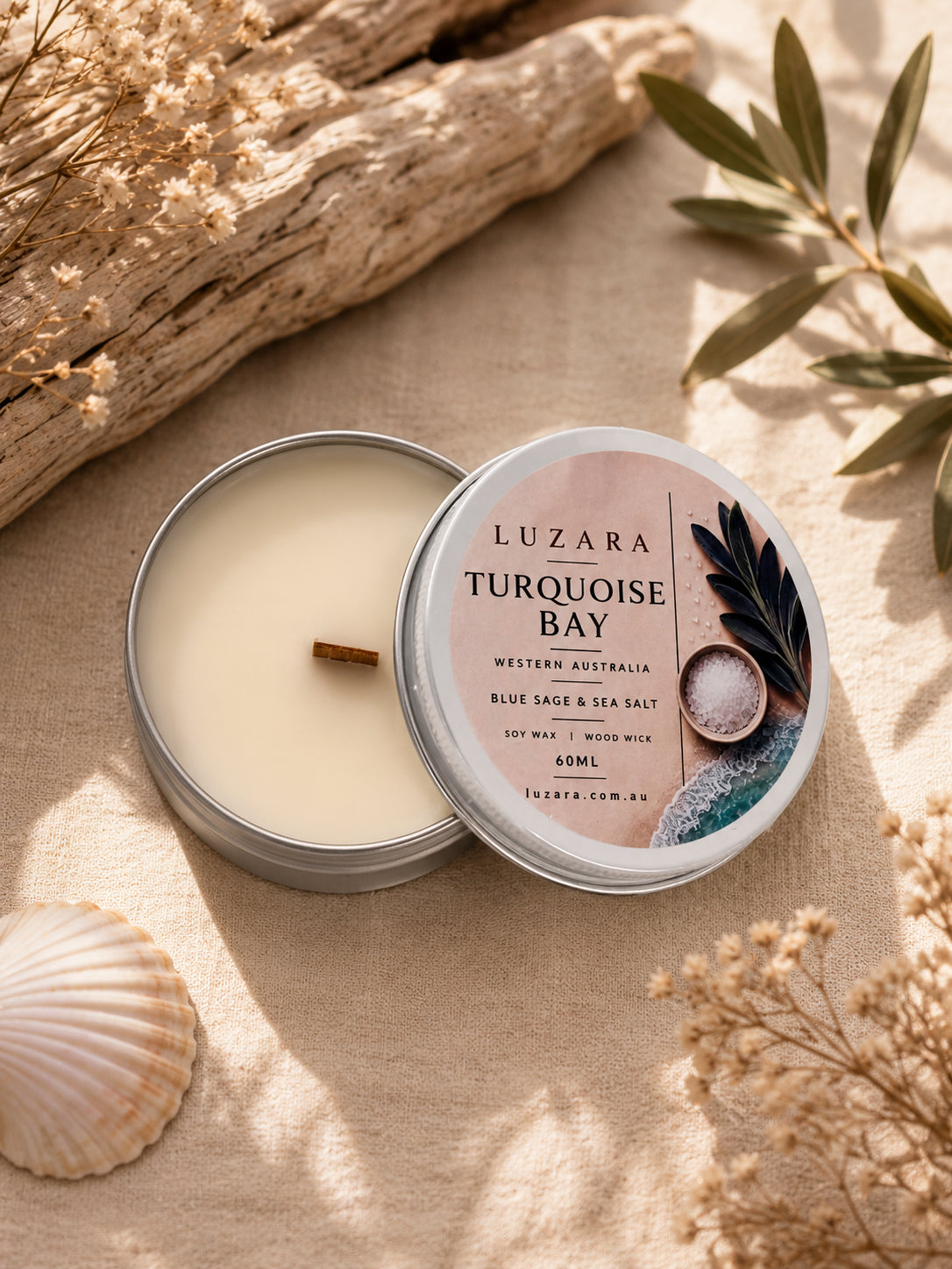 Turquoise Bay WA Blue Sage & Sea Salt Soy Candle 60ml Luzara Candle