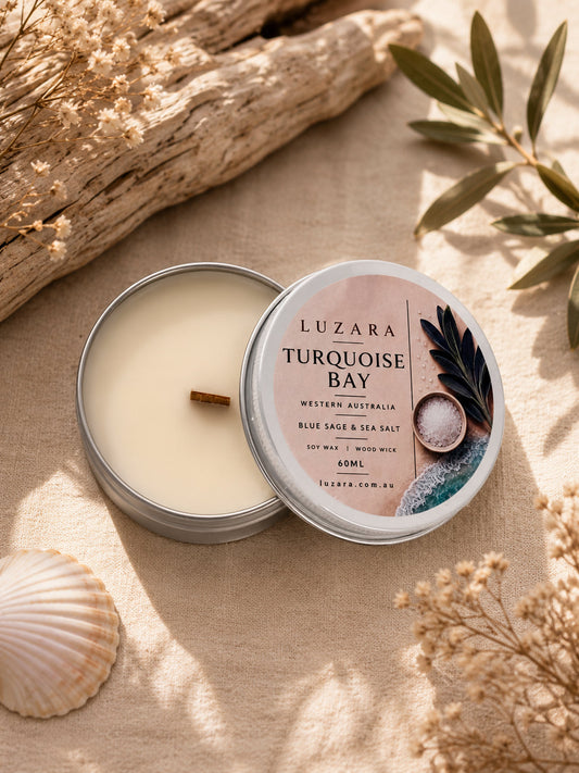 Turquoise Bay WA Blue Sage & Sea Salt Soy Candle 60ml Luzara Candle