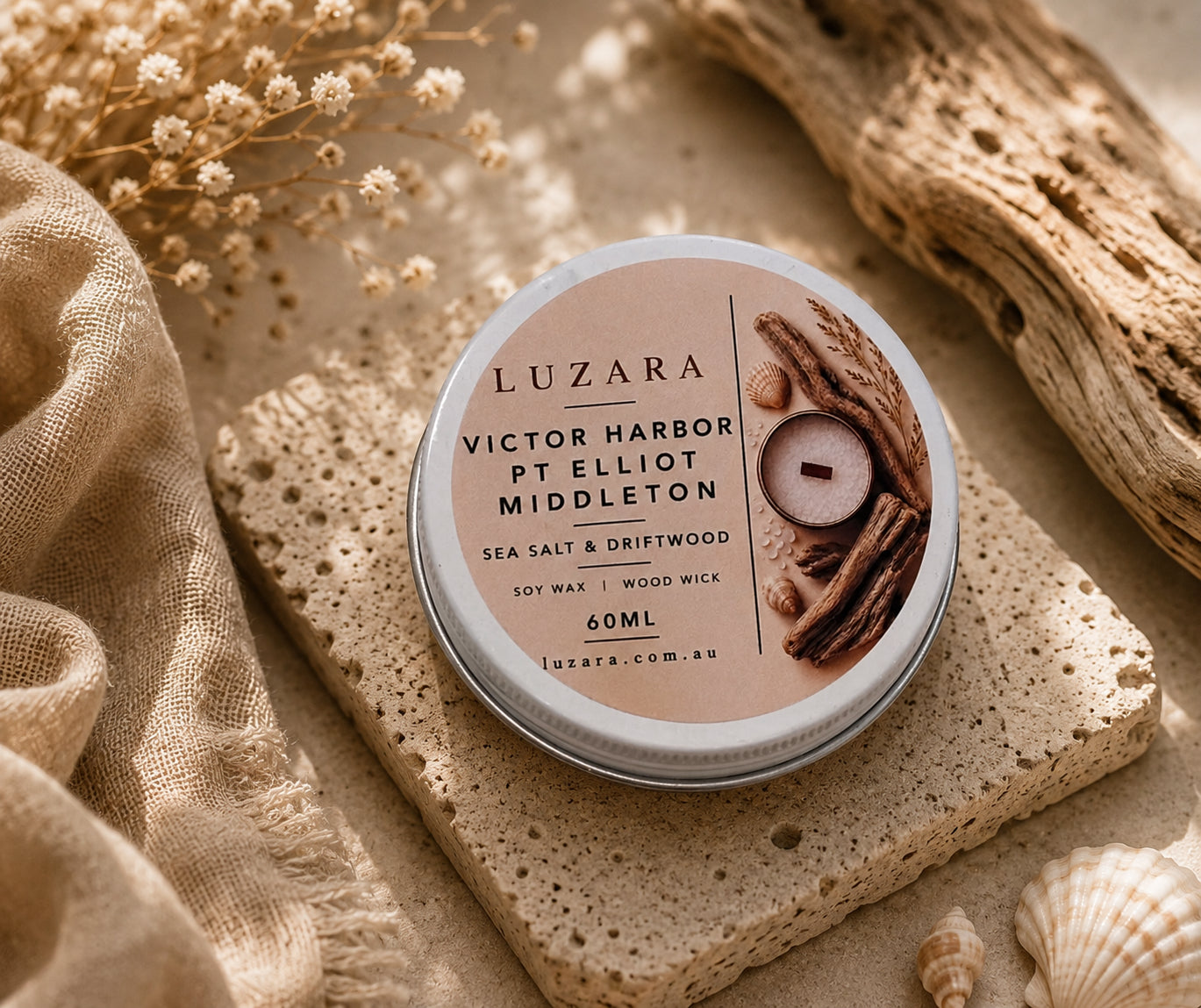 Victor Harbor, Pt Elliot & Middleton Sea Salt & Driftwood Candle 60ml Luzara Candle