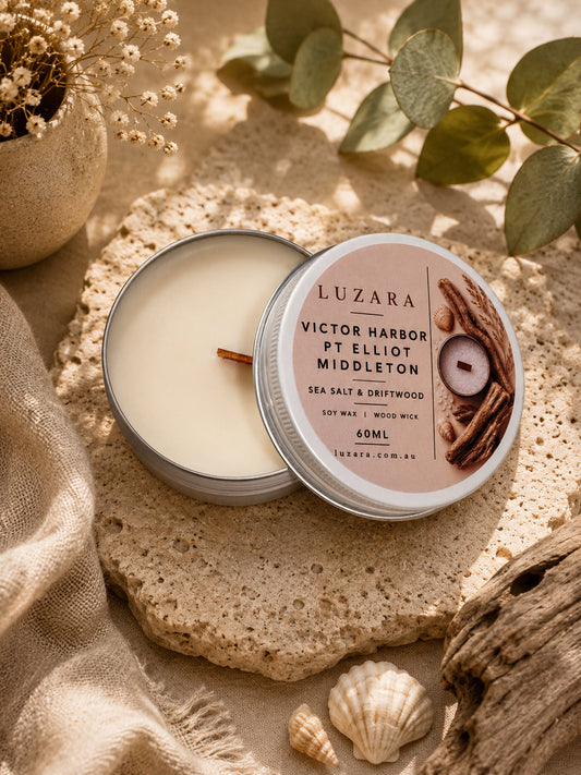 Victor Harbor, Pt Elliot & Middleton Sea Salt & Driftwood Candle 60ml Luzara Candle