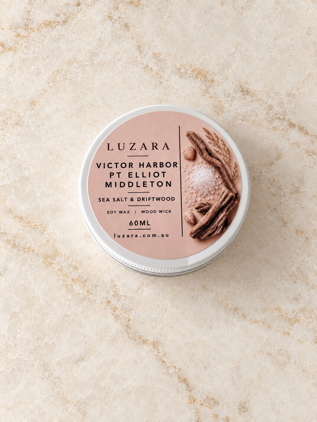Victor Harbor Sea Salt & Driftwood 60g travel tin soy candle by Luzara