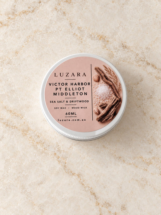 Victor Harbor Sea Salt & Driftwood 60g travel tin soy candle by Luzara