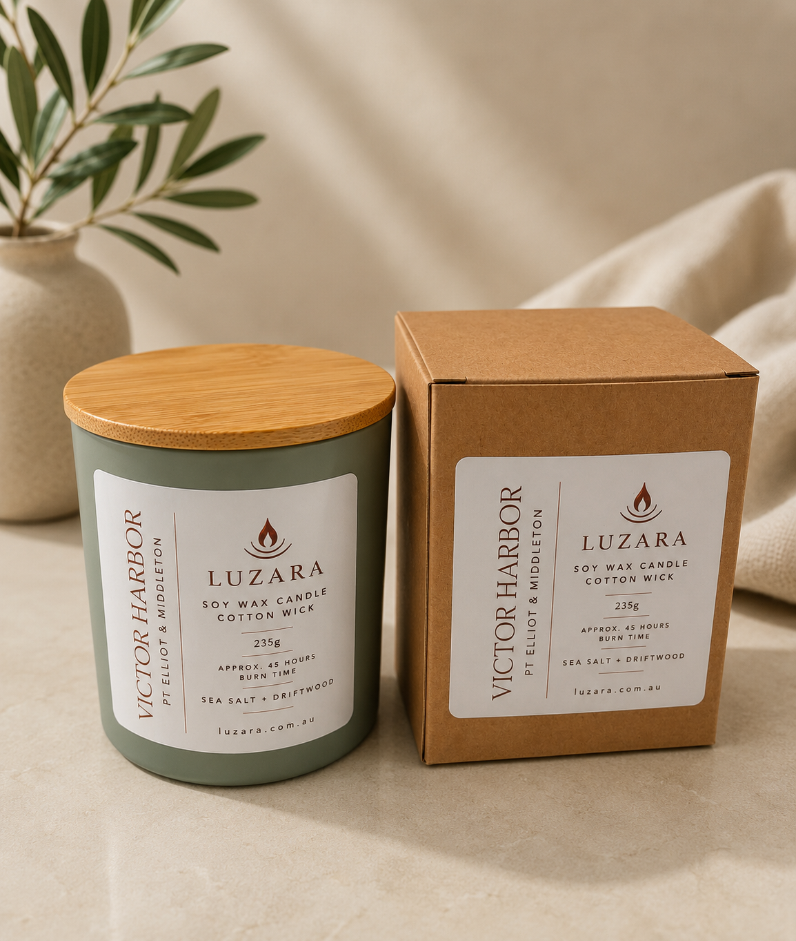 Victor Harbor, Pt Elliot & Middleton Sea Salt & Driftwood Candle 235g Luzara Candle
