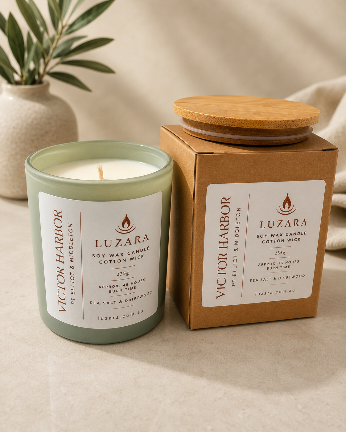 Victor Harbor, Pt Elliot & Middleton Sea Salt & Driftwood Candle 235g Luzara Candle