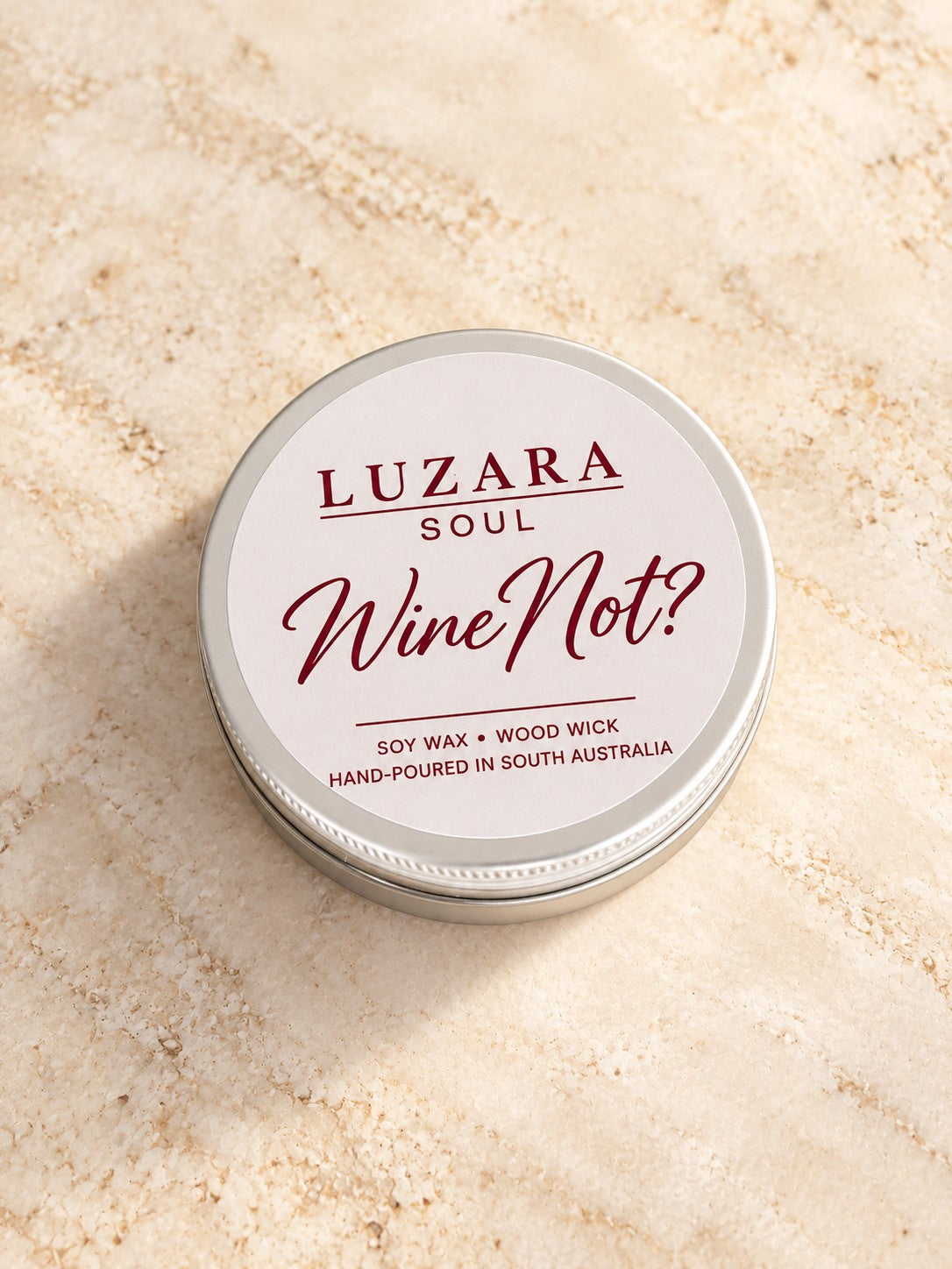 Wine Not? 60g travel tin soy candle from the Luzara Soul Collection